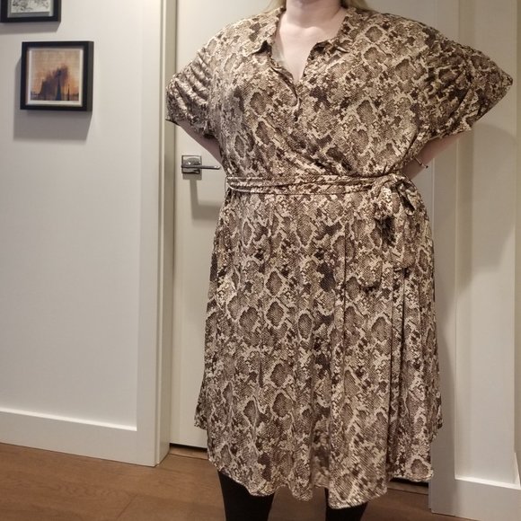 Brown Snake-print Dress with Collar and Tie Waist - Picture 3 of 9